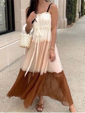 Lee Mathews Cream, Beige and Brown Tiered Maxi Dress